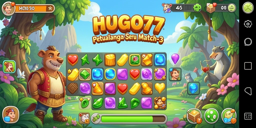 Tampilan gameplay HUGO77 yang menantang dan penuh warna.
