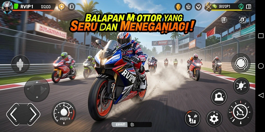 Screenshot gameplay RVIP1 menampilkan aksi balap motor yang seru.