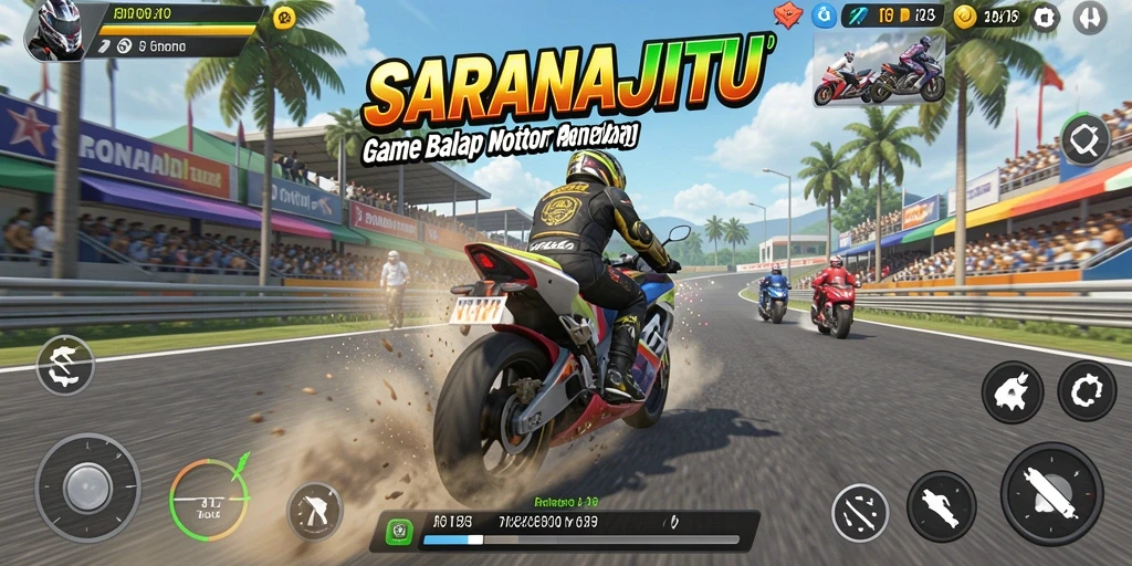 Tampilan gameplay SARANAJITU menampilkan aksi balap motor yang mendebarkan.